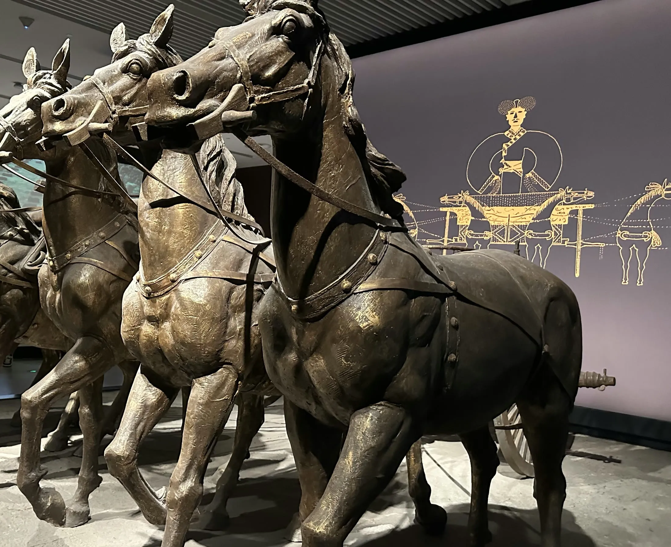 A team of bronze horses pulling a chariot at the Hubei Provincial Museum