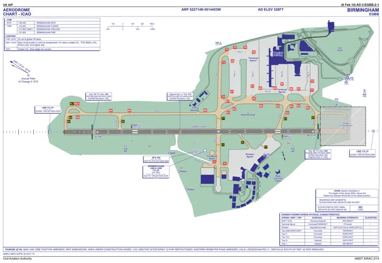 The official ICAO aerodrome chart for Birmingham Airport, showing its runway, taxiways and stands