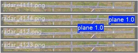 Four validation strips of the runway. The model labels the aircraft in two of them, and finds nothing in the two that are empty.