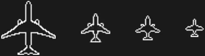 Four versions of the aircraft sprite, from a large detailed first attempt to the small, simple final one