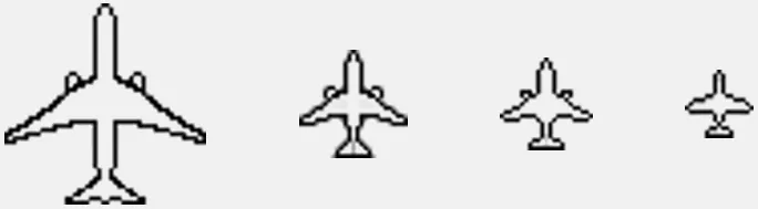 Four versions of the aircraft sprite, from a large detailed first attempt to the small, simple final one